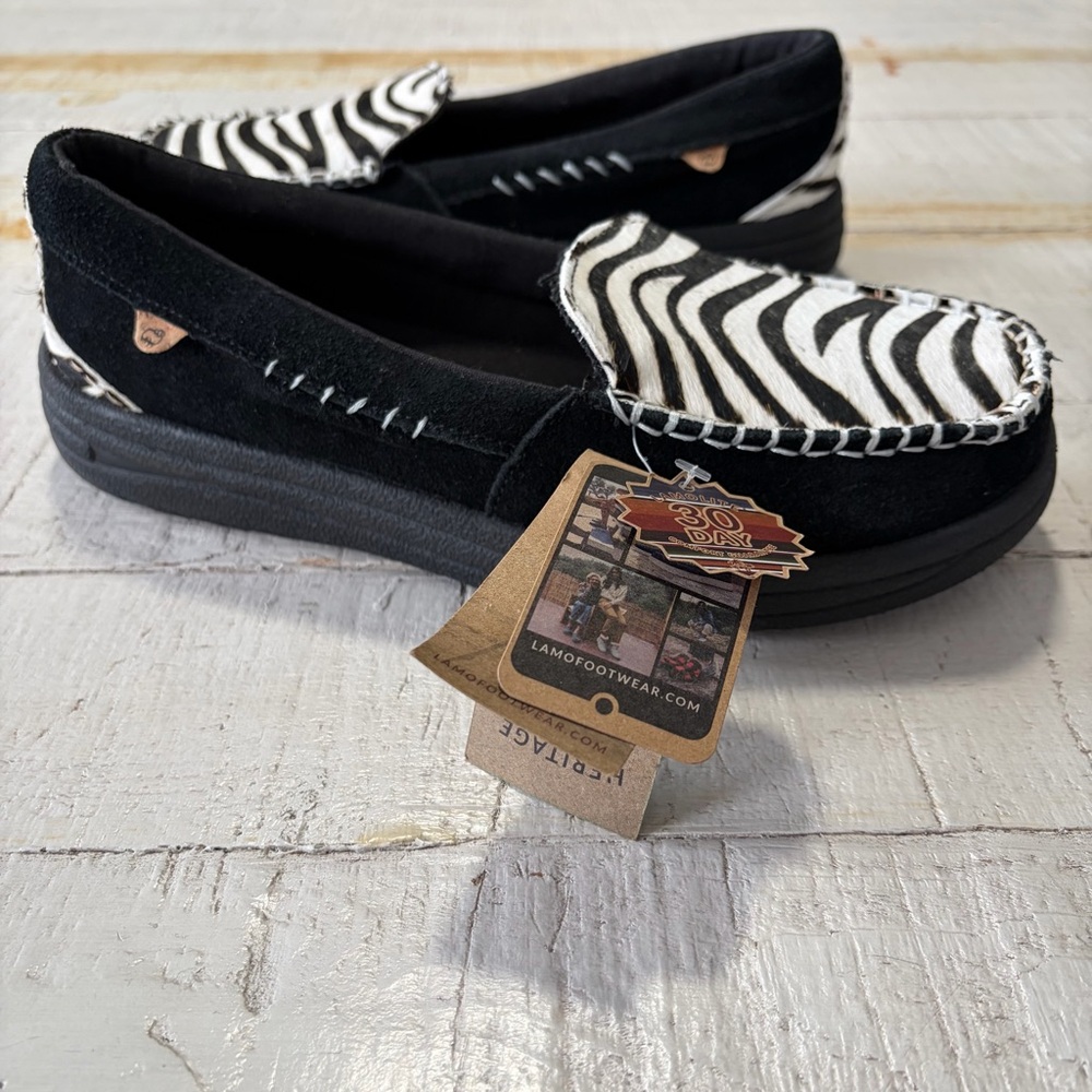 Lâmo Katya Slippers NWT size 9 Black Suede Zebra Calf Hair Slip On Loafers‎